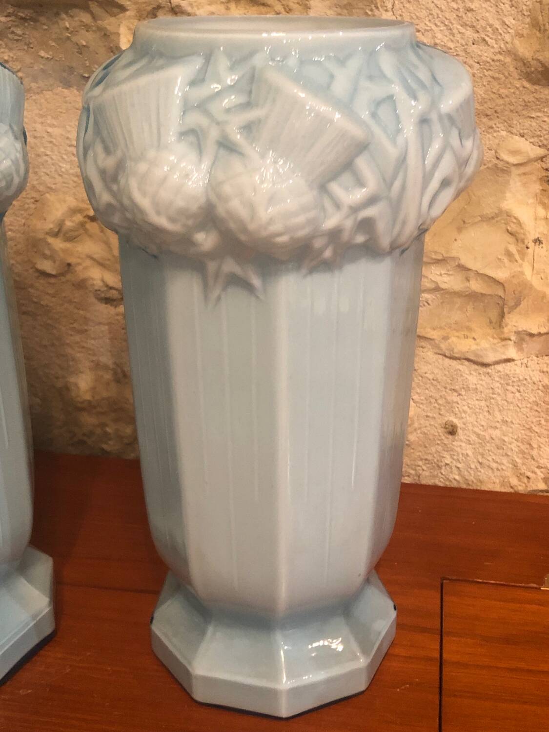 2 Antique blue opaline Art Nouveau vases with thistle motifs
