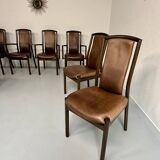 Set of 8 wooden and thick leather armchairs, Girsberger design, 80s