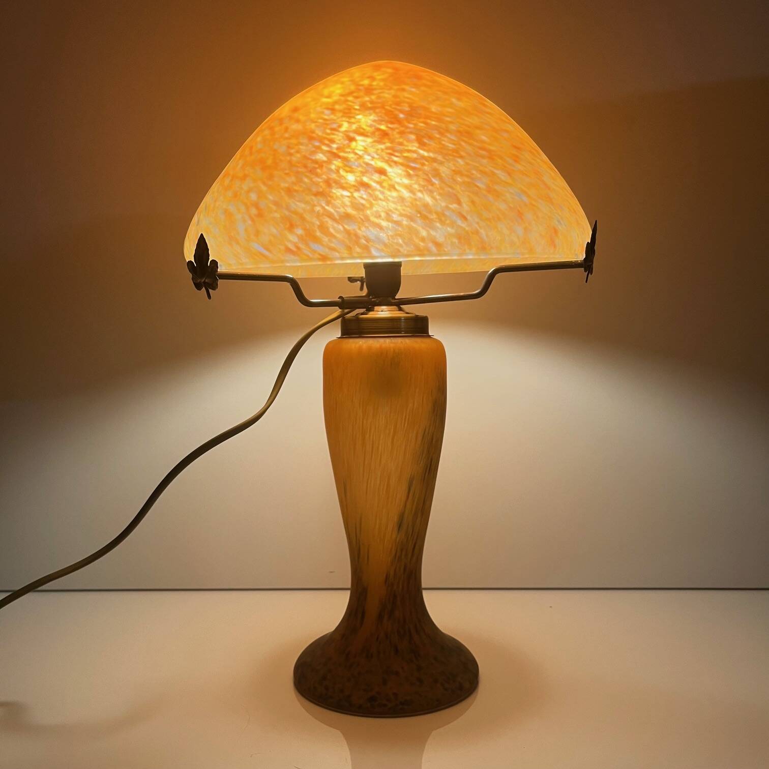 Orange speckled glass mushroom lamp, Massive, Belgium 1970.
