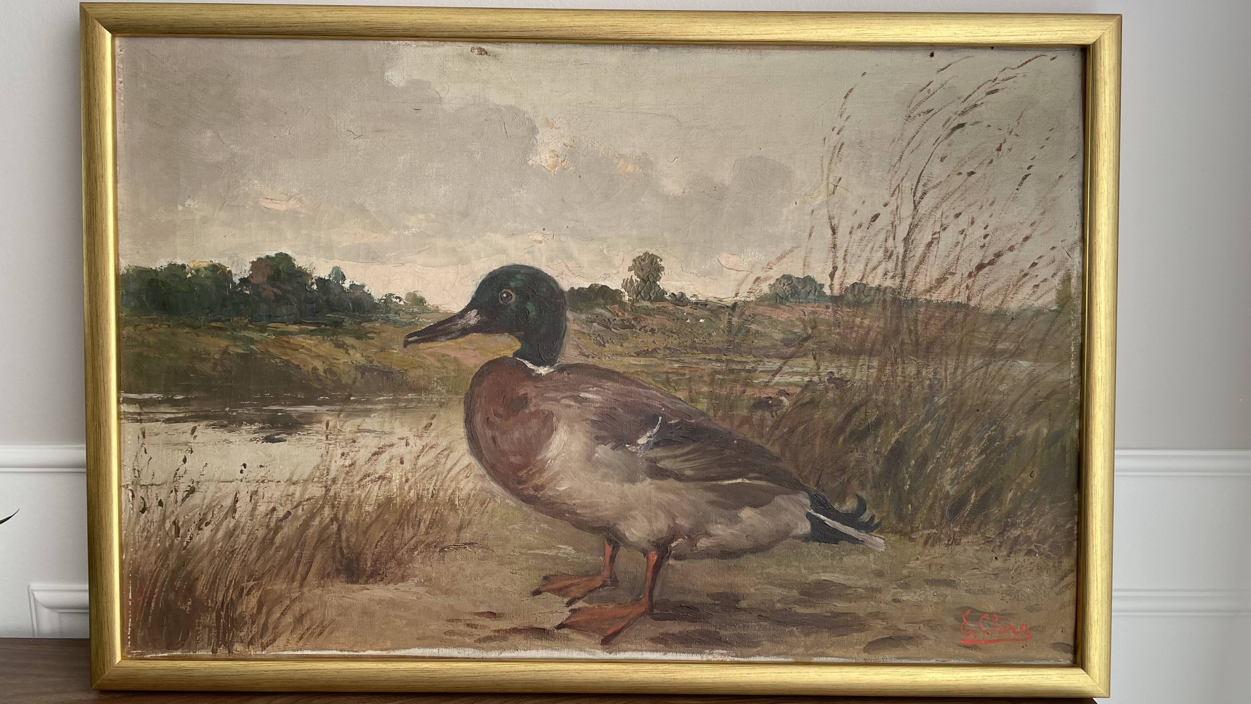 HST oil painting, Ermanno Clara, wild duck, late 19th early 20th century