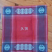 Nappe vintage et ses 12 serviettes coton rouge monogrammées am