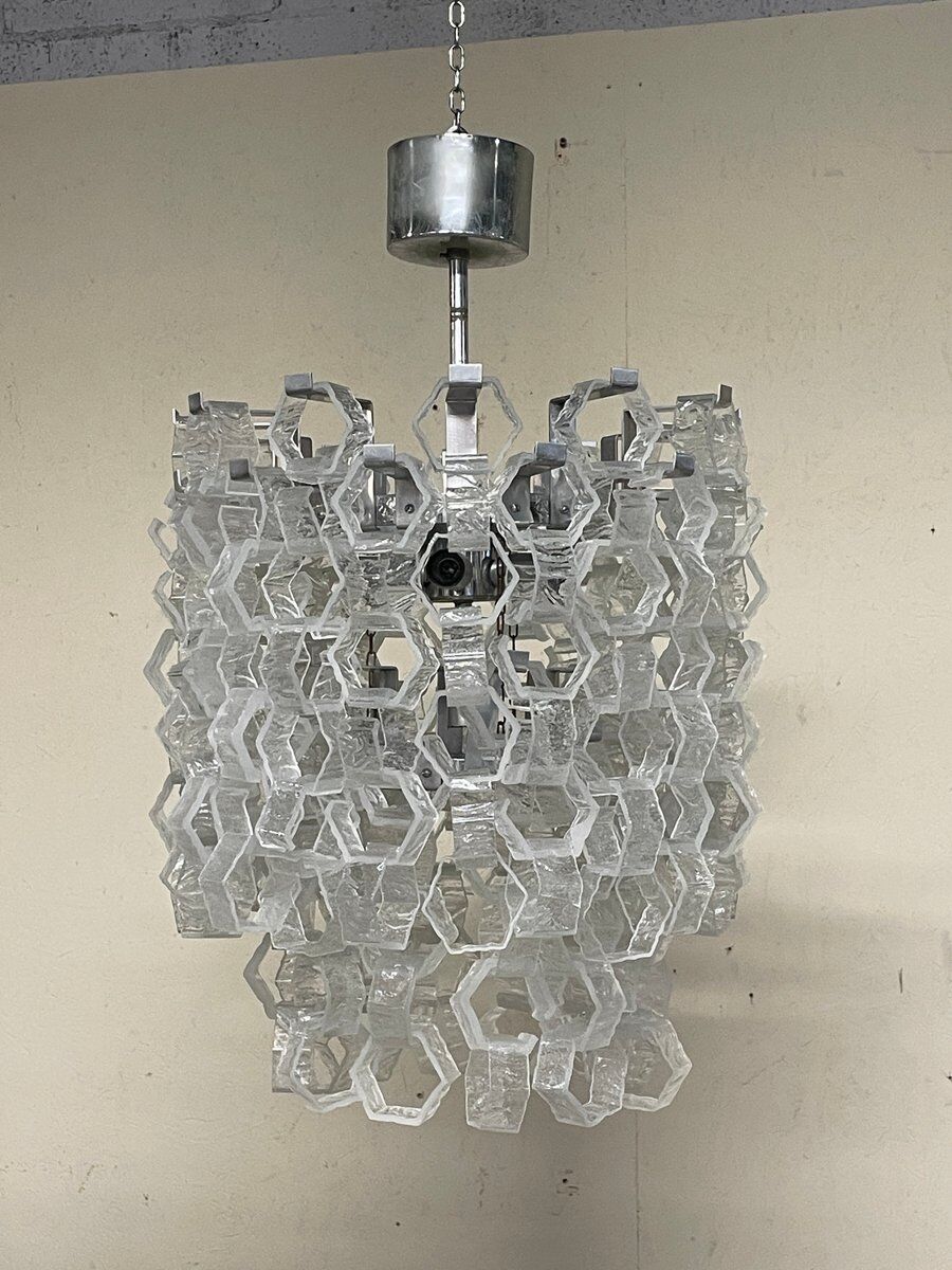 Hexagonal glass Cascade chandelier attributed to Av Mazzega, 1970s.