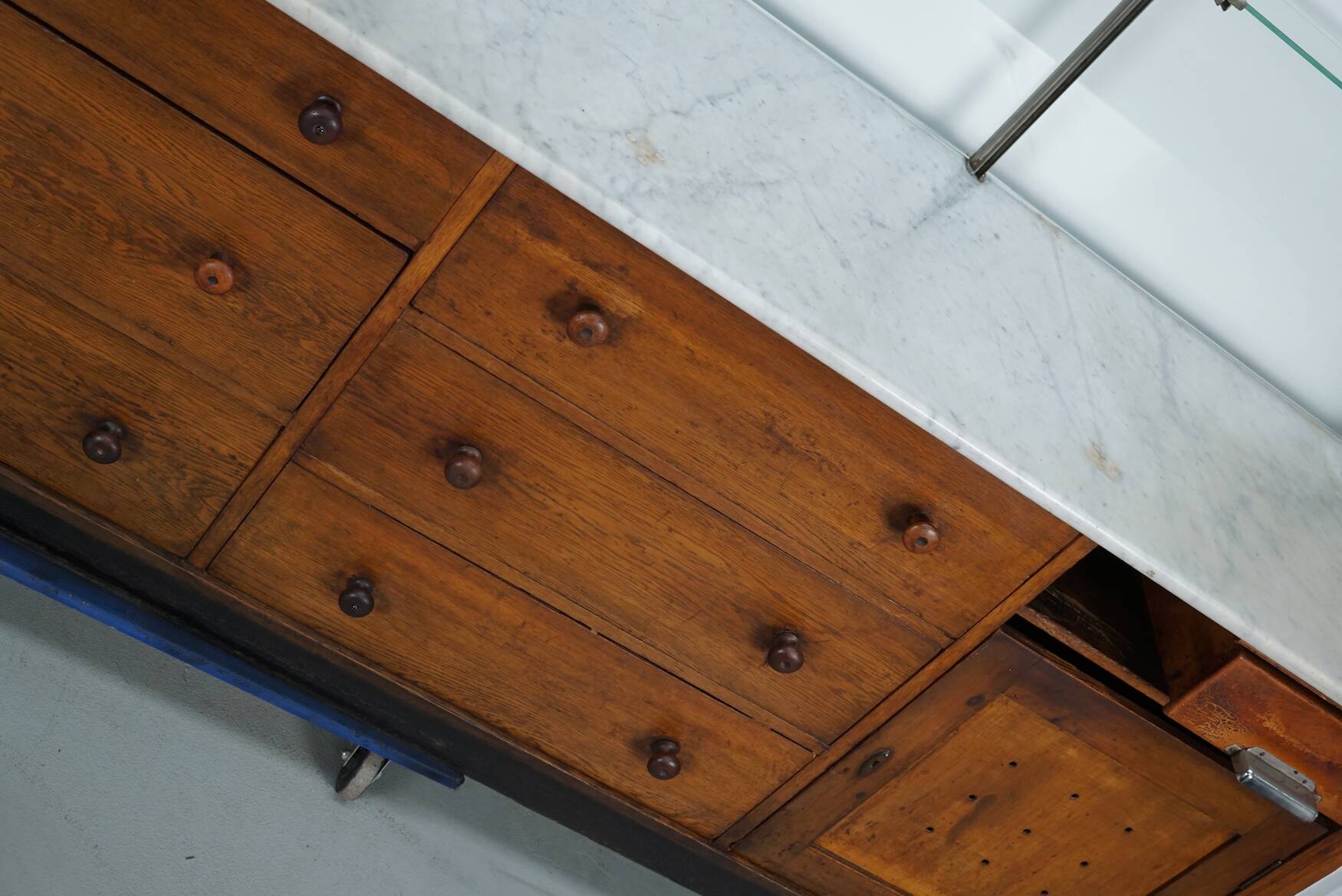 Large Antique Art Deco German Oak & Marble Chocolate Shop Counter, 1920s