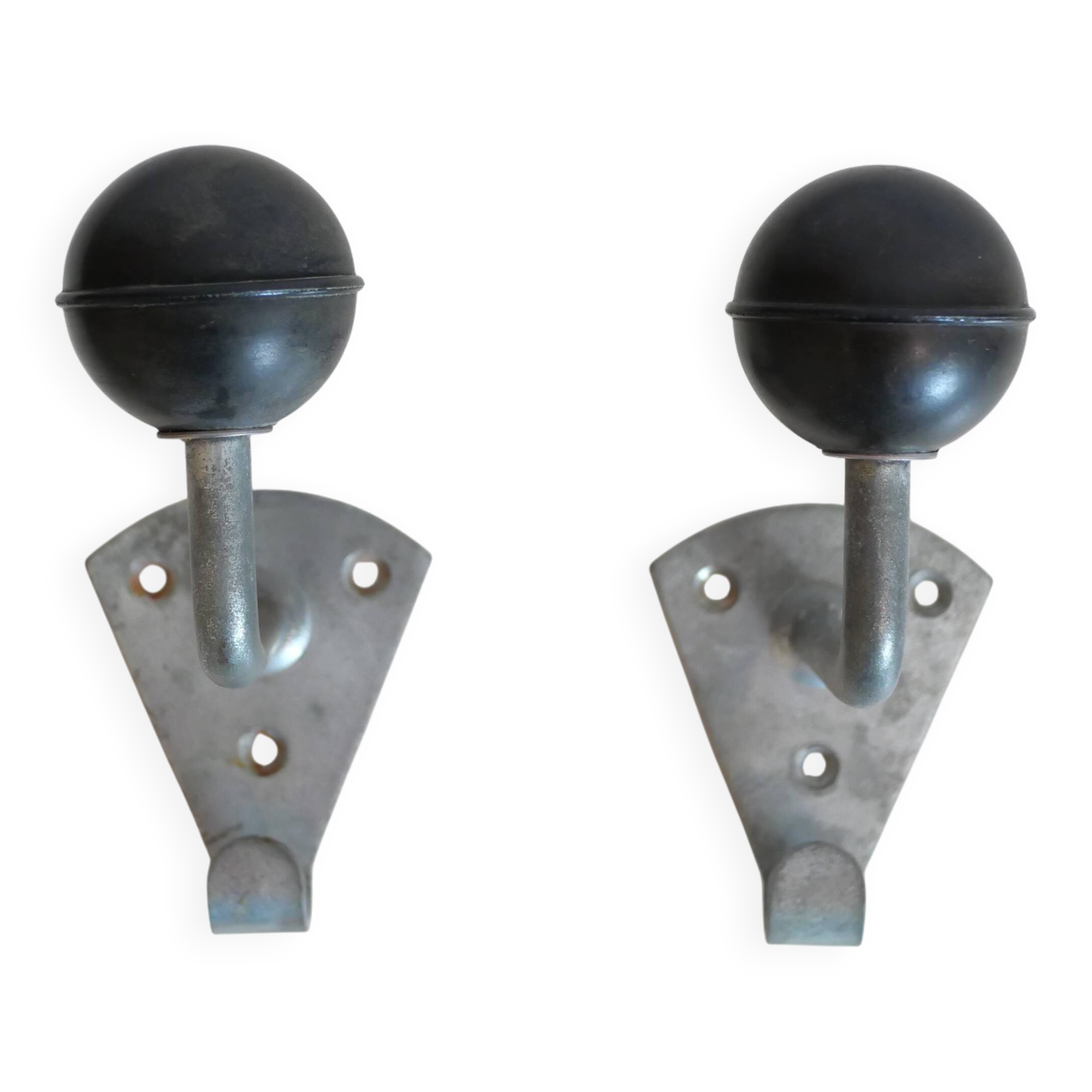 Pair of school coat hooks in Bakelite and metal from the 1950s.
