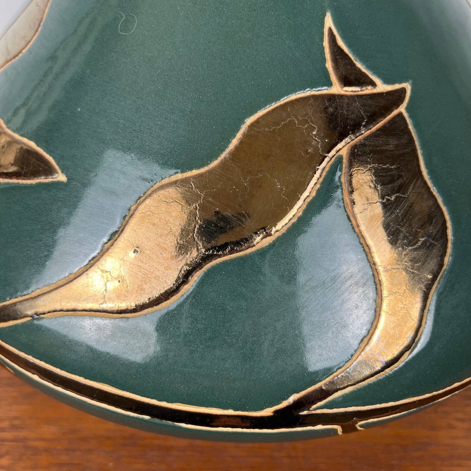 Vintage green & gold glazed ceramic vase