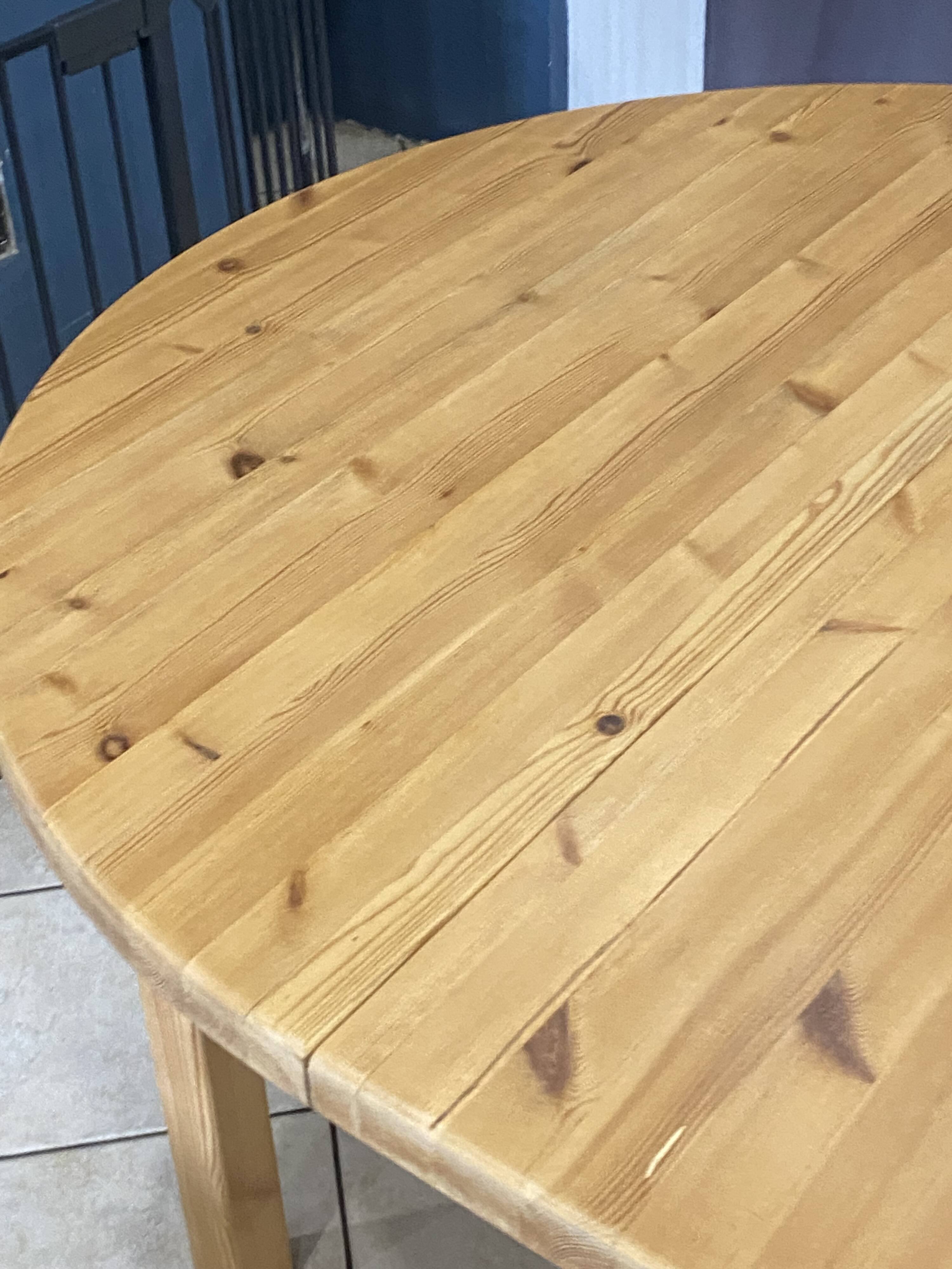 Round table 117cm extendable with a solid pine extension, vintage from the 1970s.