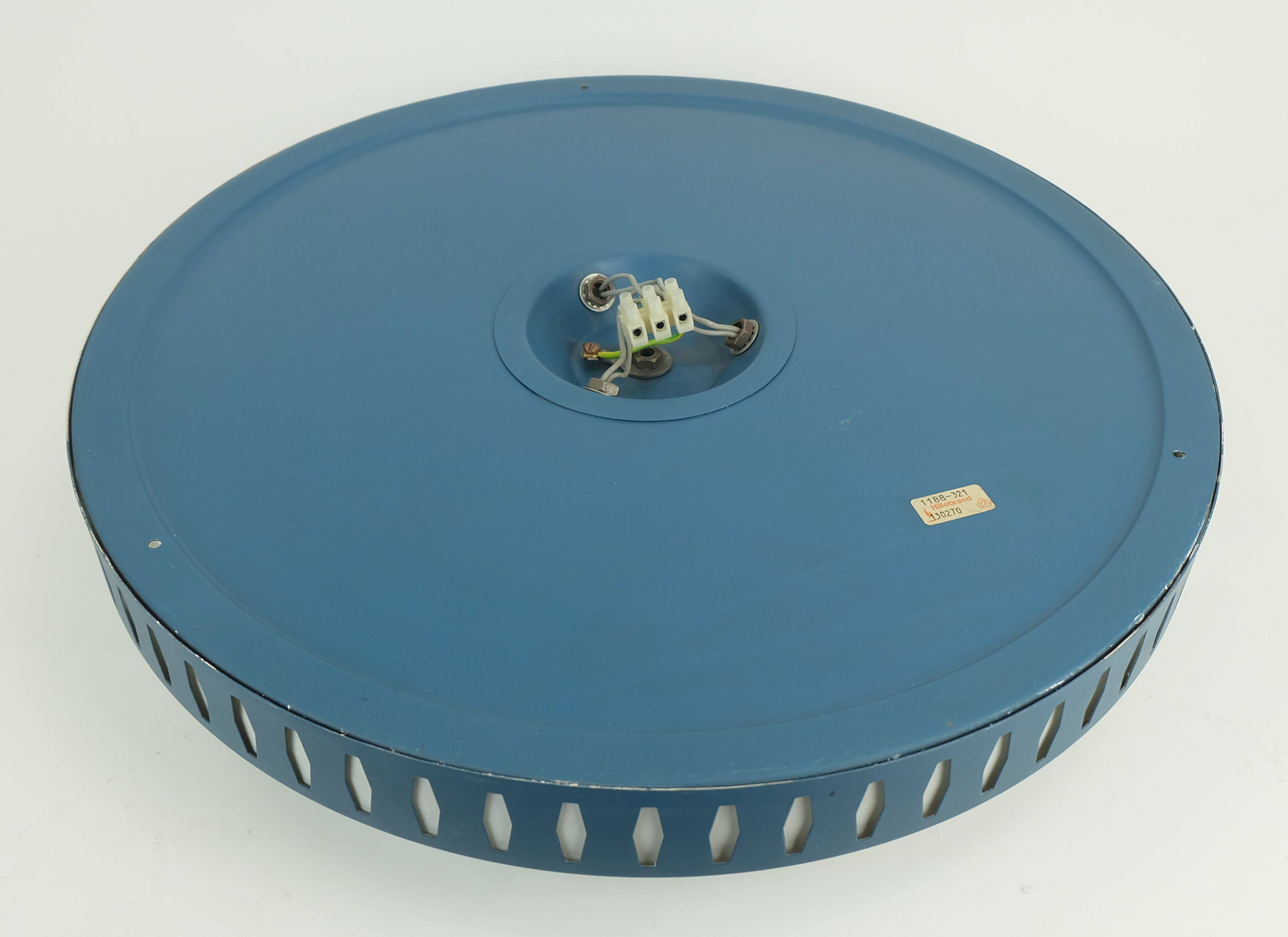 Rare large ceiling light by hillebrand 1960s textured glass blue metal fram