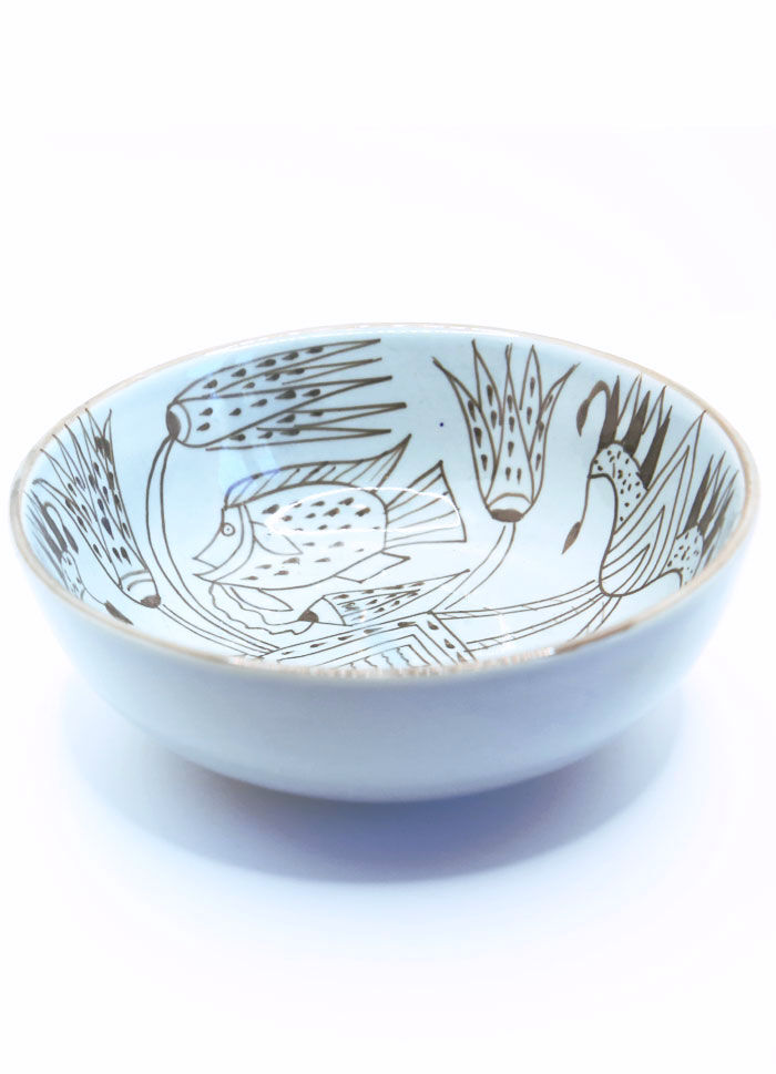 Bowl XXL salad bowl in sky blue earthenware with fish