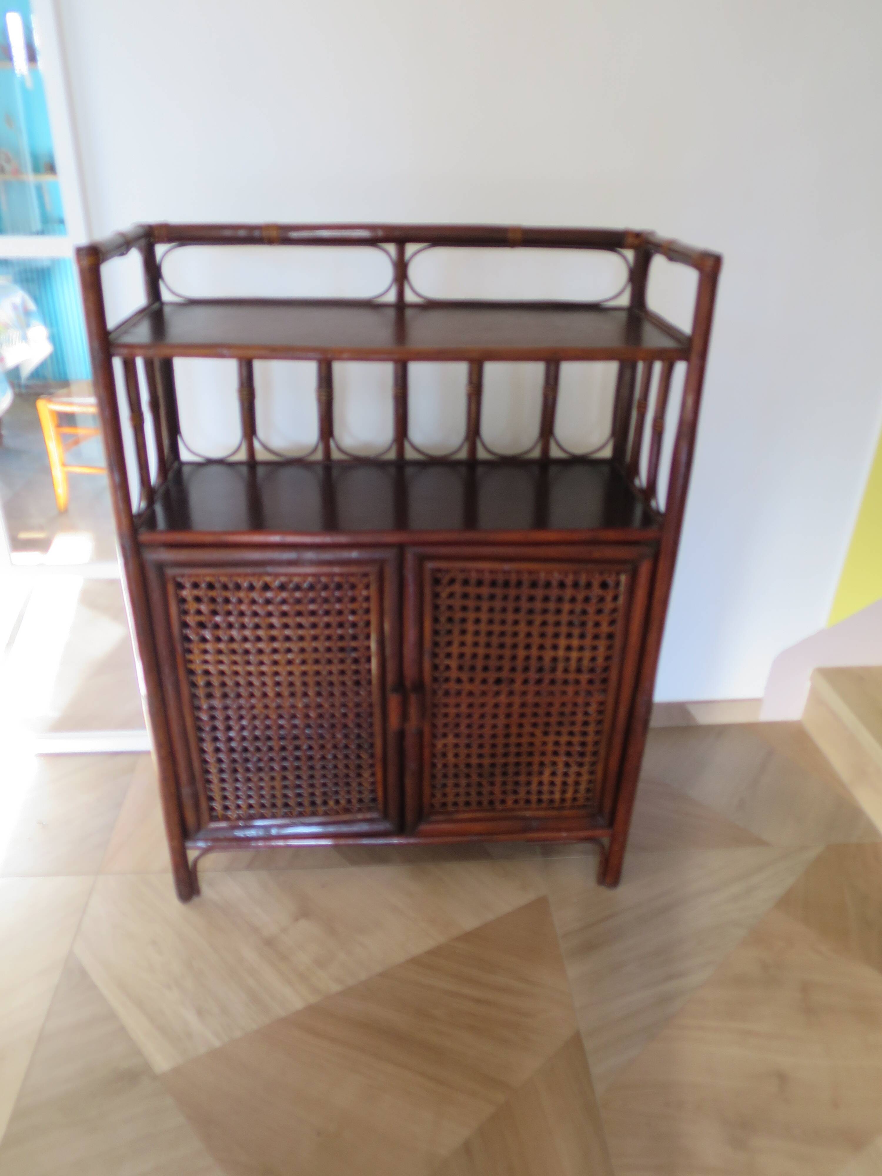 Support buffet bibus woven rattan 2 doors in caning - vintage 60s/70s