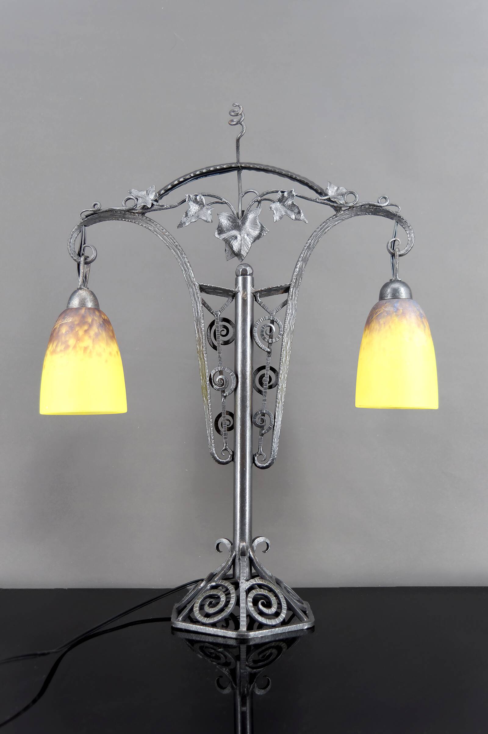 Important Double-Headed Lamp, Wrought Iron by Schneider, France, c. 1920