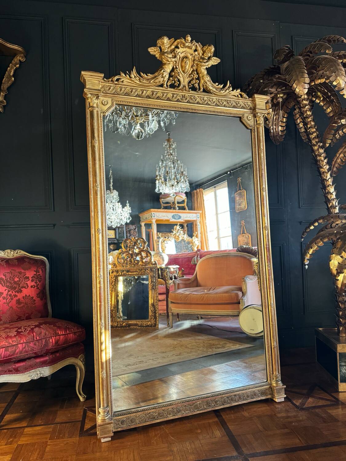 Napoleon iii period fireplace mirror in golden wood with putti decor - 19th century