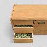 Buffet commode vintage pieds compas chêne clair 1960
