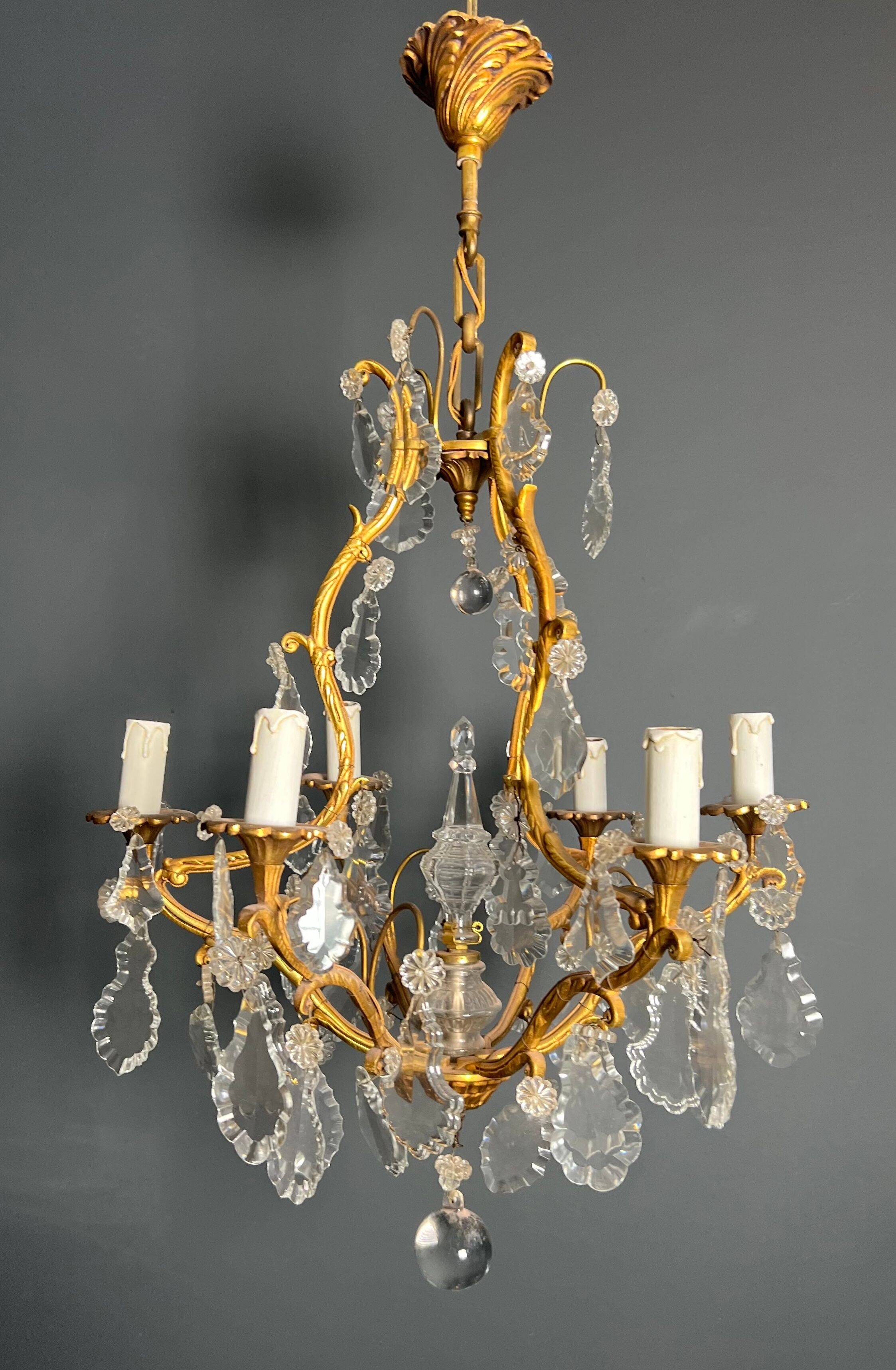 Louis XV style bronze chandelier with crystals and 6 lights