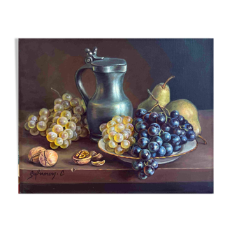 HST painting "Still life with pears and grapes" signed éc. XX°