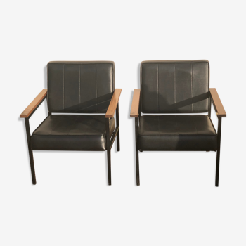 Pair of skaï and wood chairs 60s