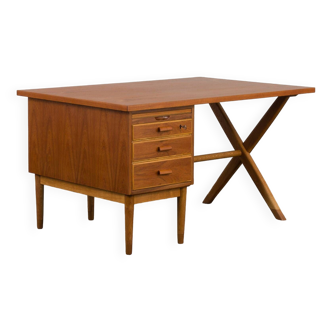 Teak and oak double-sided desk with X-shaped legs in the style of Borge Mogensen, Denmark, 1960s