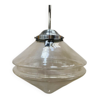 Chrome and transparent conical Art Deco pendant light from the 1930s.