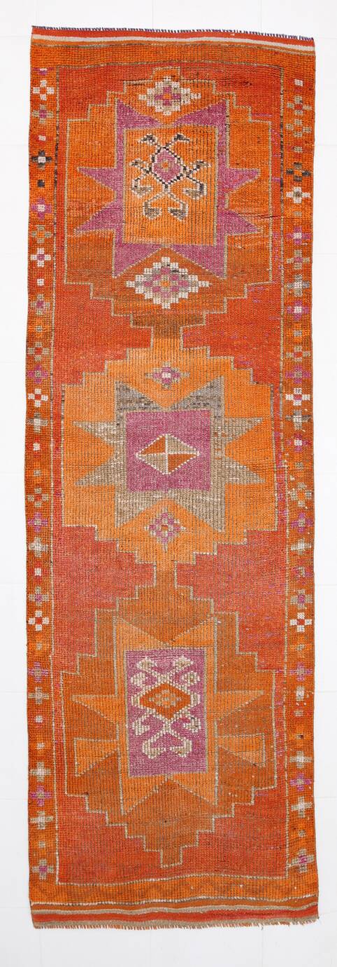 Orange & Pink Oushak Runner Rug, 103x325Cm