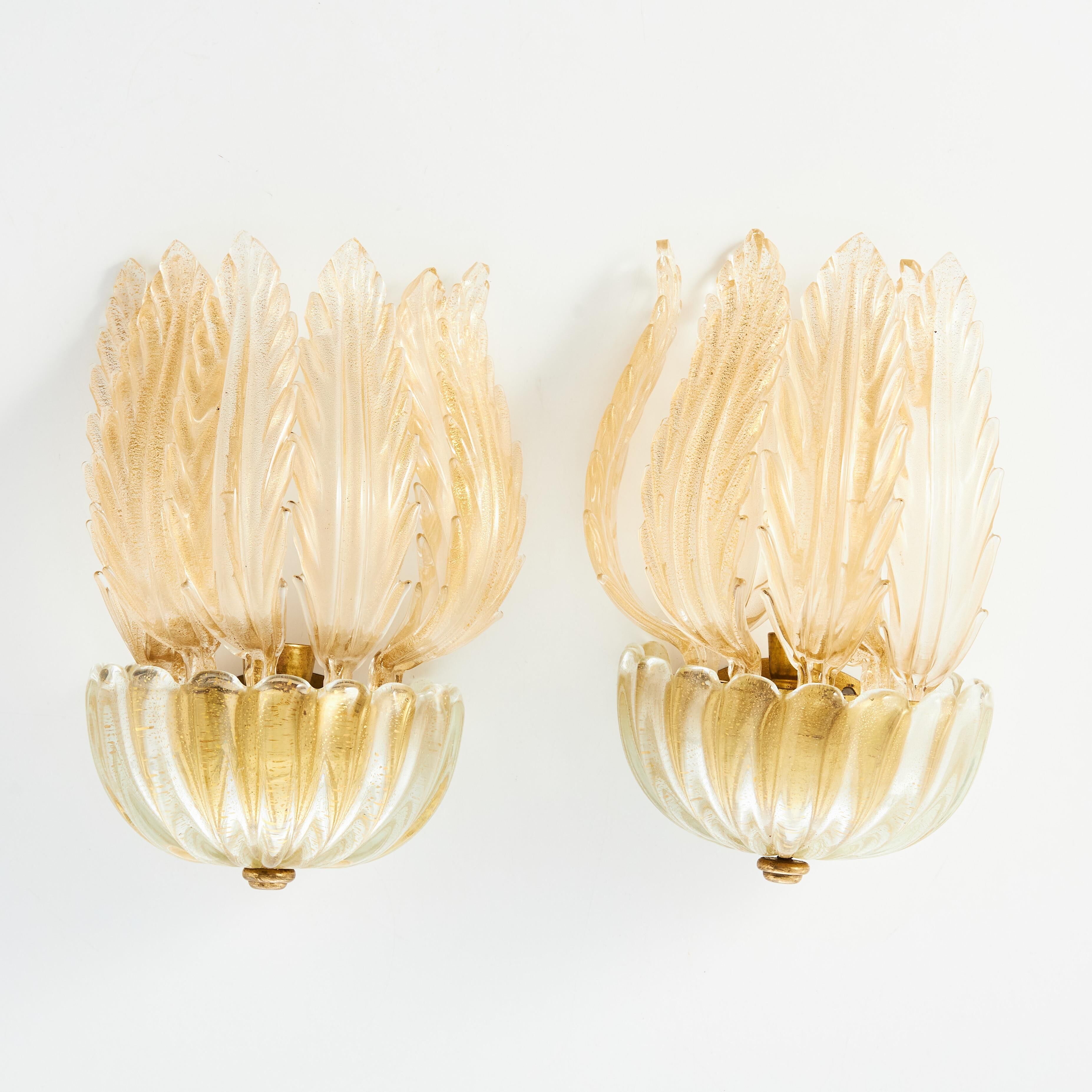 Pair of Murano glass wall sconces with gold accents Mid-century modern in Italy