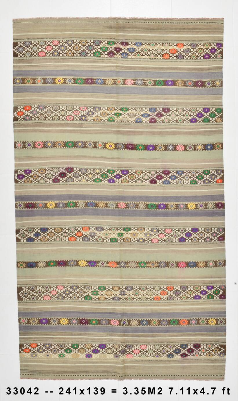 4x8 Soft Pastel Green Vintage Kilim Rug, 139x241Cm SK 33042