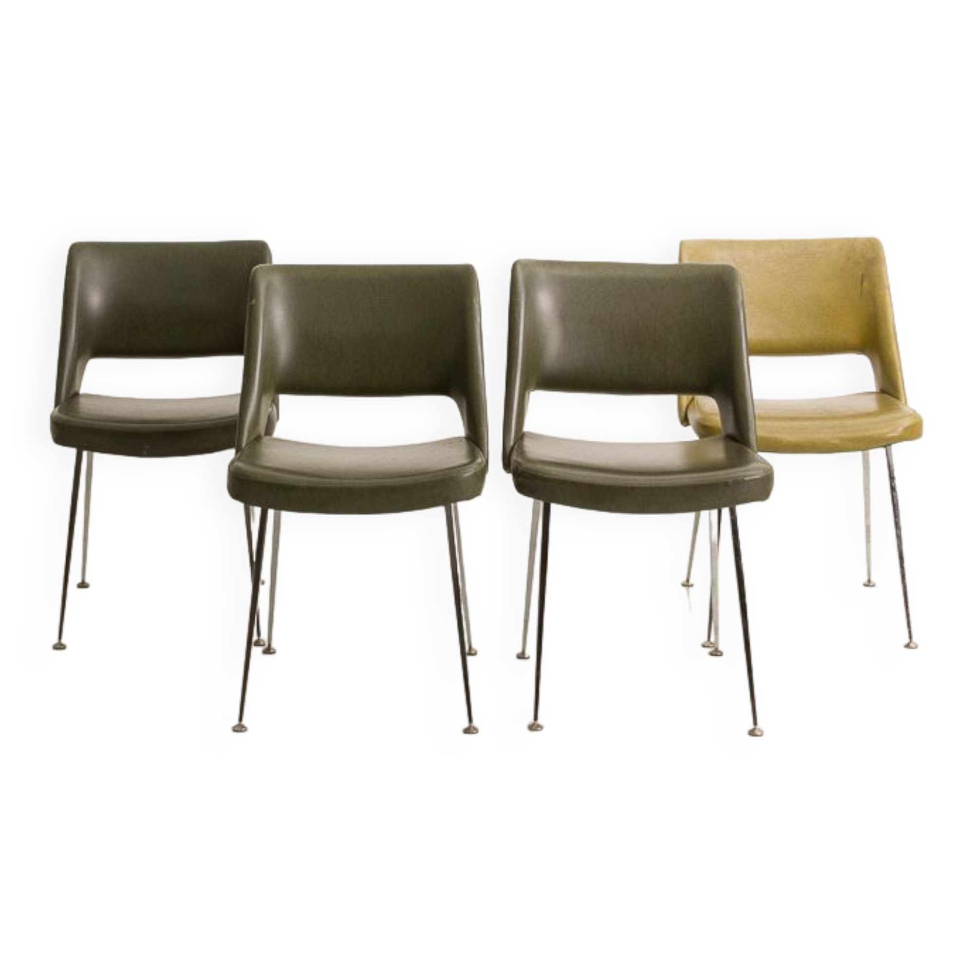 Vintage chairs imitation leather green khaki metal foot