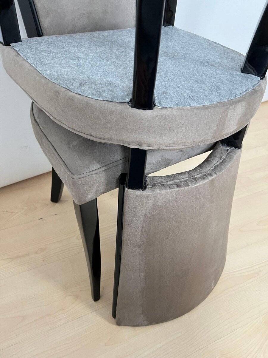 Art Deco Chairs in Black Lacquer & Grey Alcantara, France, 1930s, Set of 6