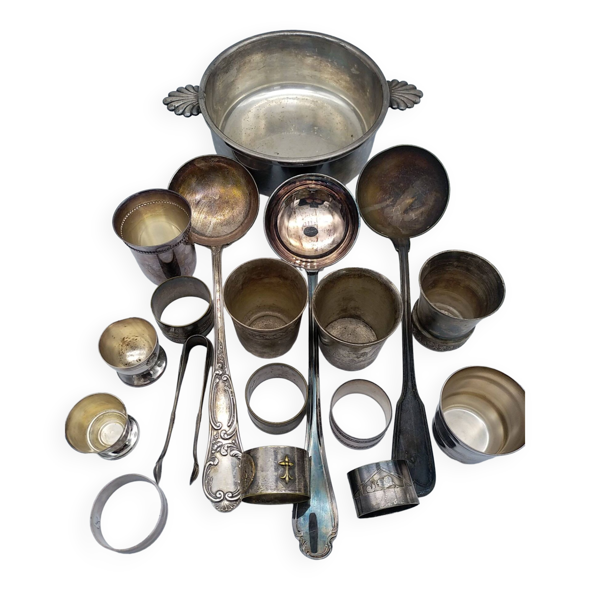 Egg cups, ladles, timpani. christofle, ercuis, sfam. silver plated.