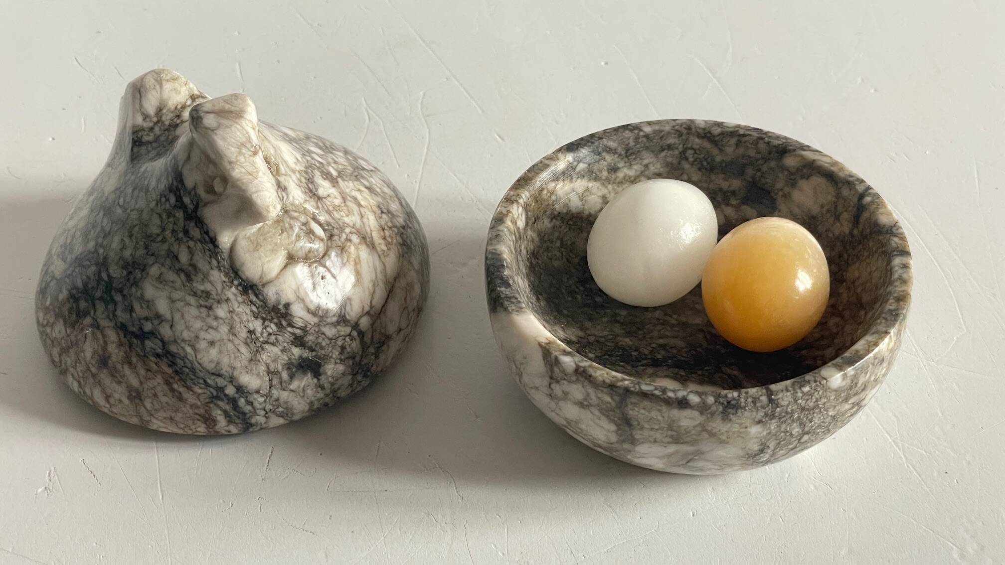 Vintage Marble Chicken with Eggs Sculpture