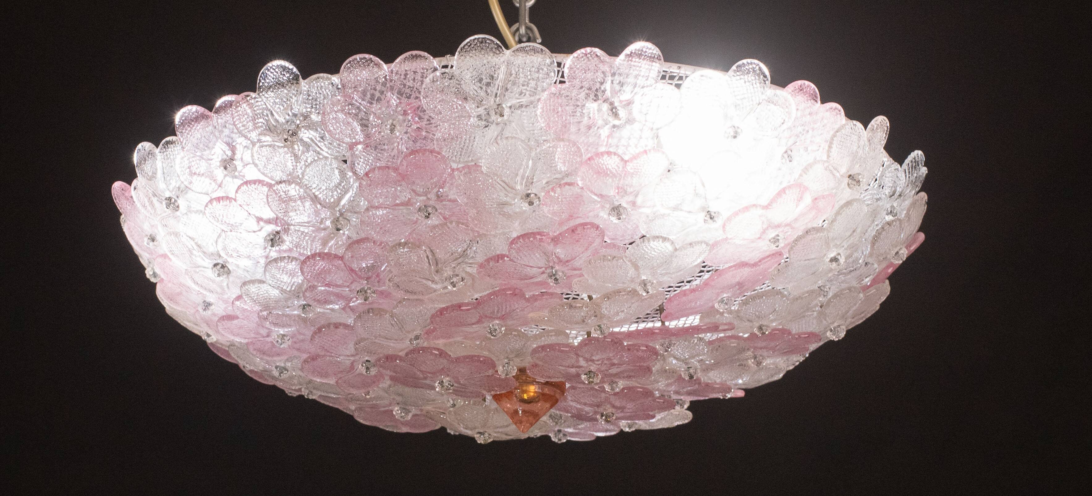 Charming Large Size Murano Ceiling Light Pink Flower by Seguso for Venini,