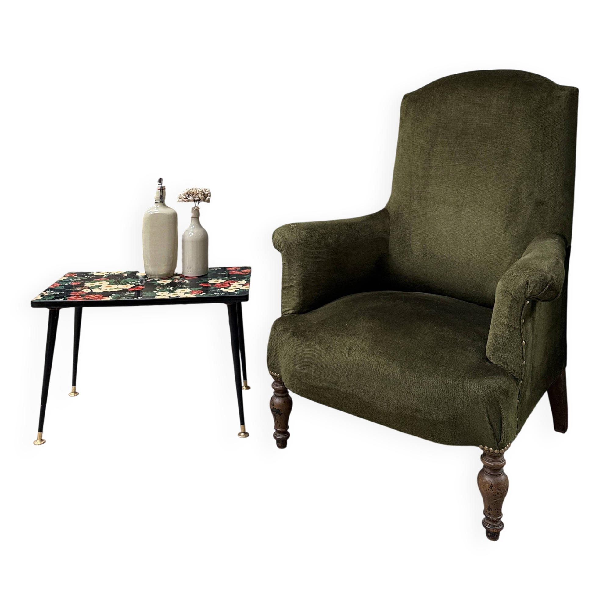 Green velvet tub chair