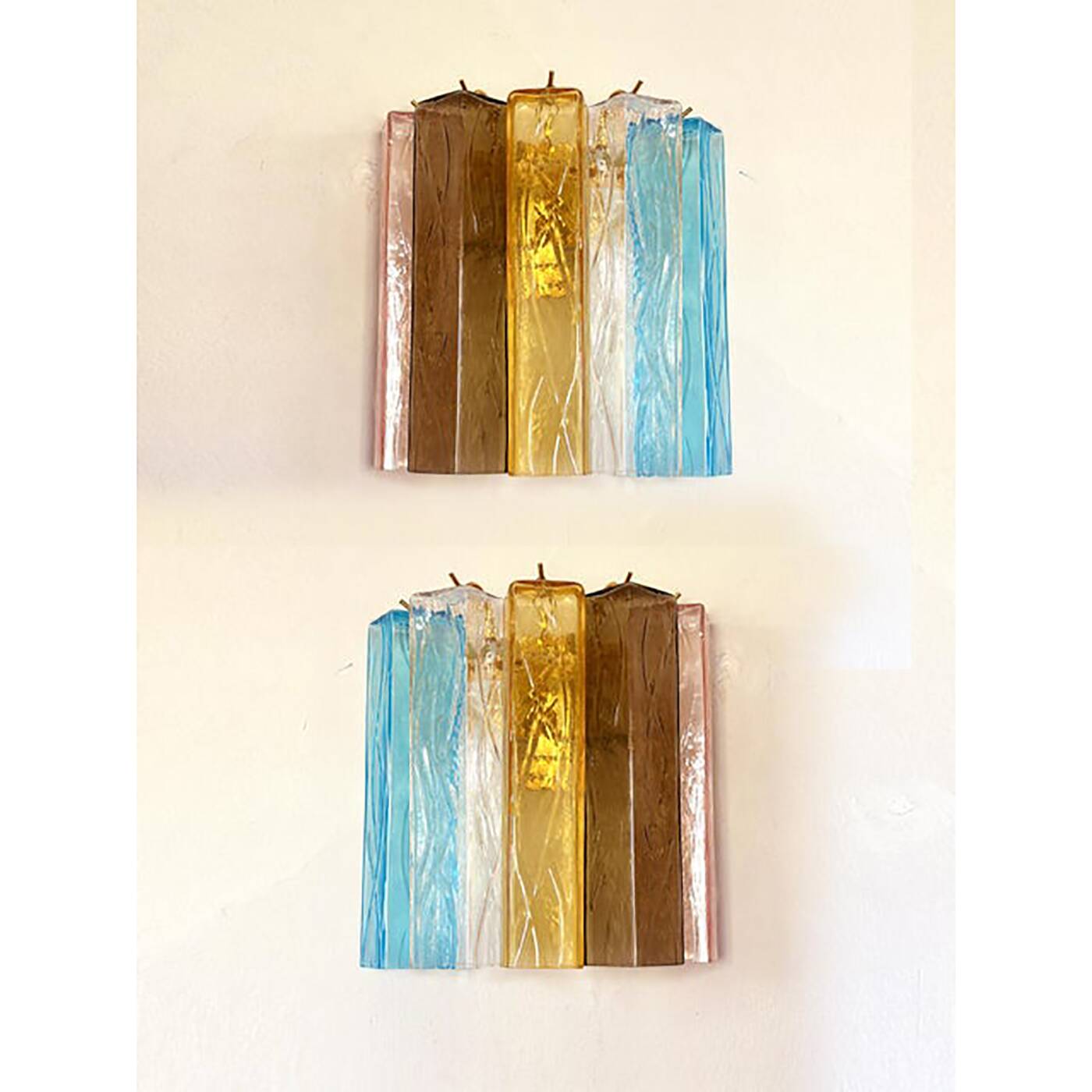 Set of Two Multicolored "Squares Bark" Murano Glass Wall Sconces in Barovie