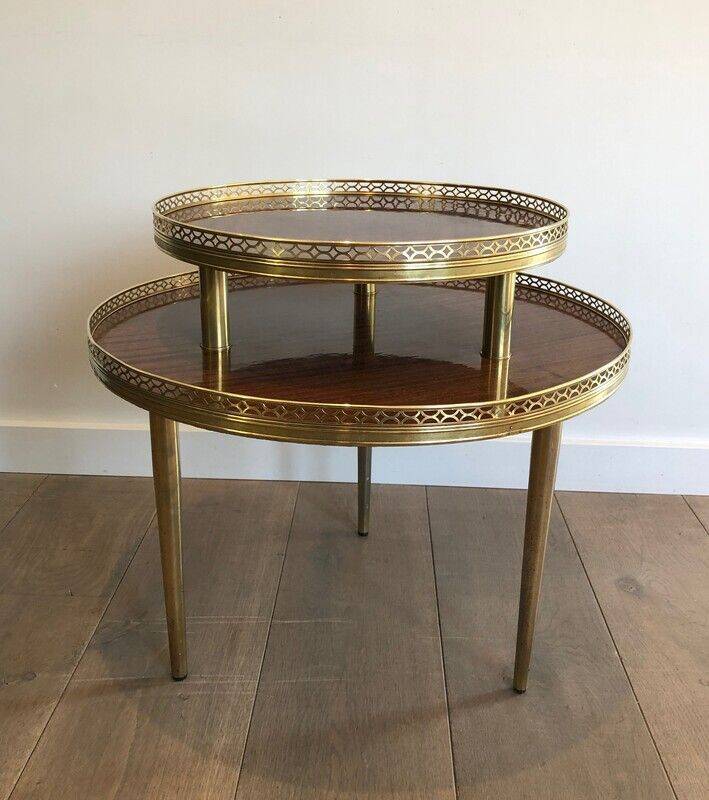Tripod gueridon in neoclassical style made of mahogany, brass, and a golden metal base.