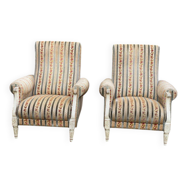 2 fauteuils bergères Louis XVI bois massif et tissu beige bleu brodé