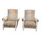 2 Louis XVI bergère armchairs in solid wood with beige and blue embroidered fabric.