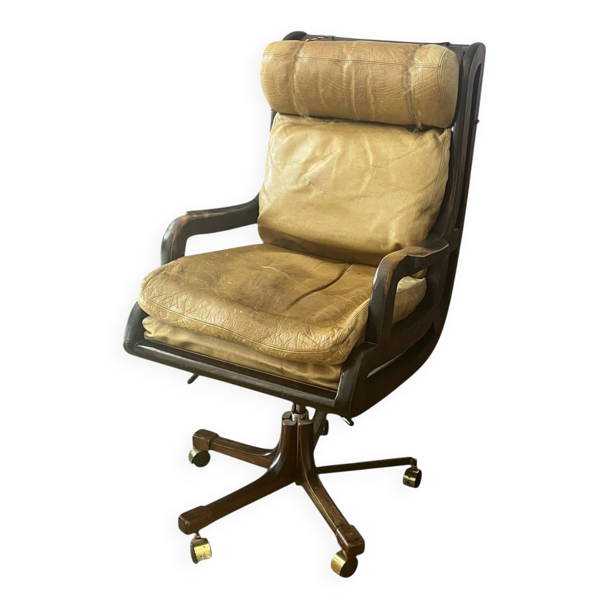 Vintage mahogany and havana leather office chair with wheels from around 1970.