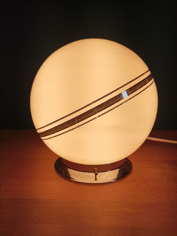 Bedside lamp living room art deco glass ecru chrome border globe