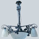 Wrought iron and art deco glass chandelier - Degué Workshops
