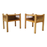 Pair of wooden and rattan bedside tables