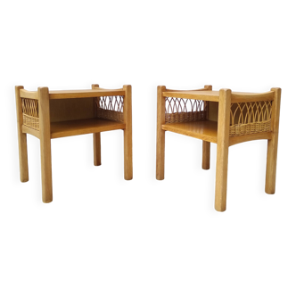 Pair of wooden and rattan bedside tables