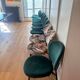 Set of 10 Calligaris Ines chairs in green velvet and tropical fabric.