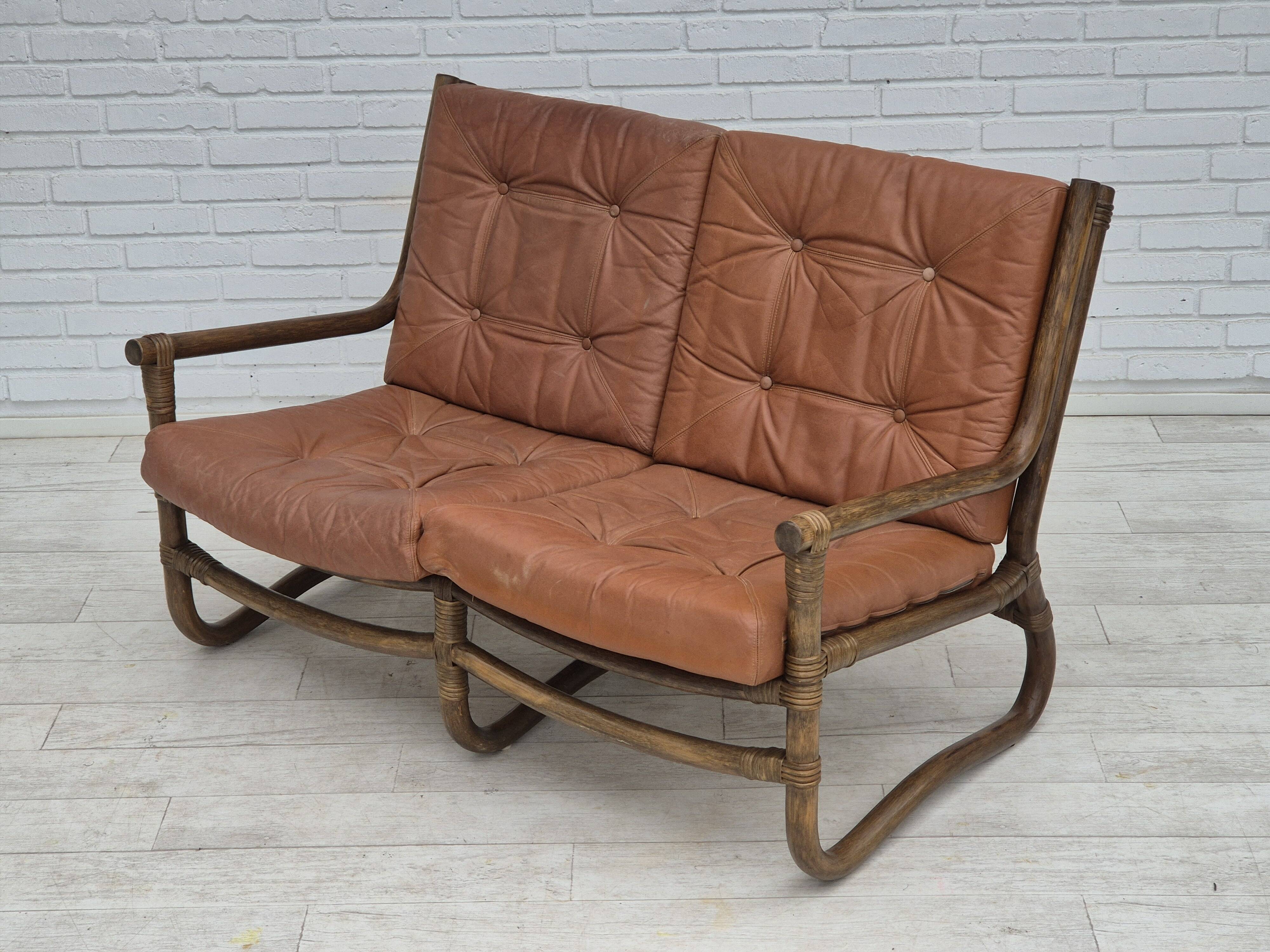 1970s, Scandinavian 2 seater sofa, original very good condition, bamboo, leather.