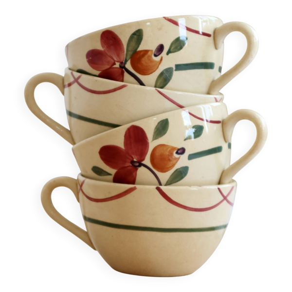 4 tasses à café anciennes Gien en terre de fer ivoire au décor floral