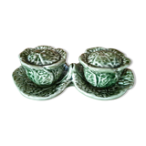 Salt and pepper service on their tray, in the shape of cabbages