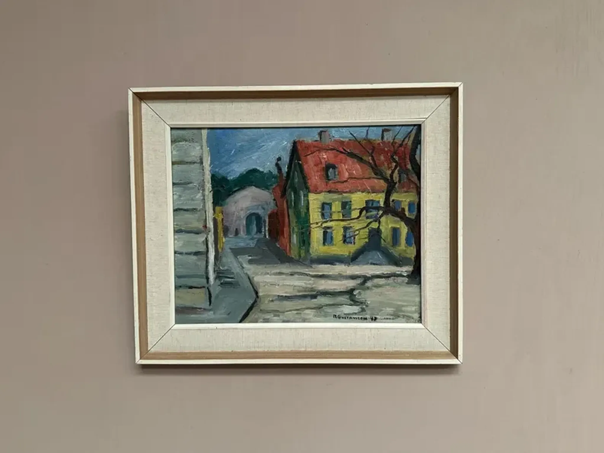 Original Swedish Oil on Panel – “Urban Landscape” by B. Gustavson – Signed – Dated 1947 – Vintage & Framed