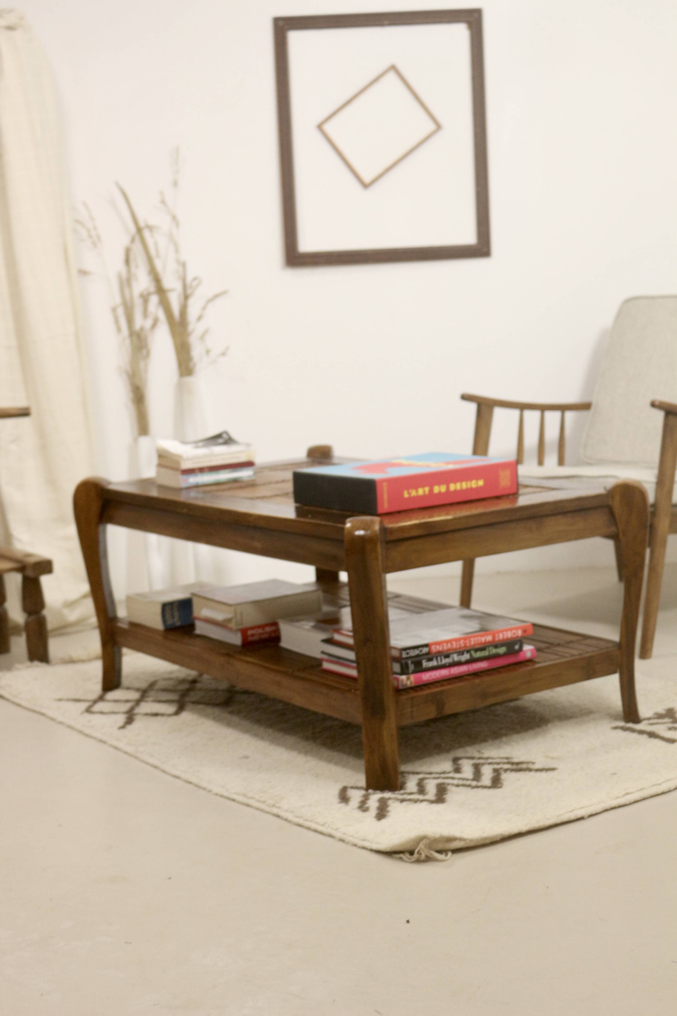 Vintage coffee table in wood and bamboo year 70