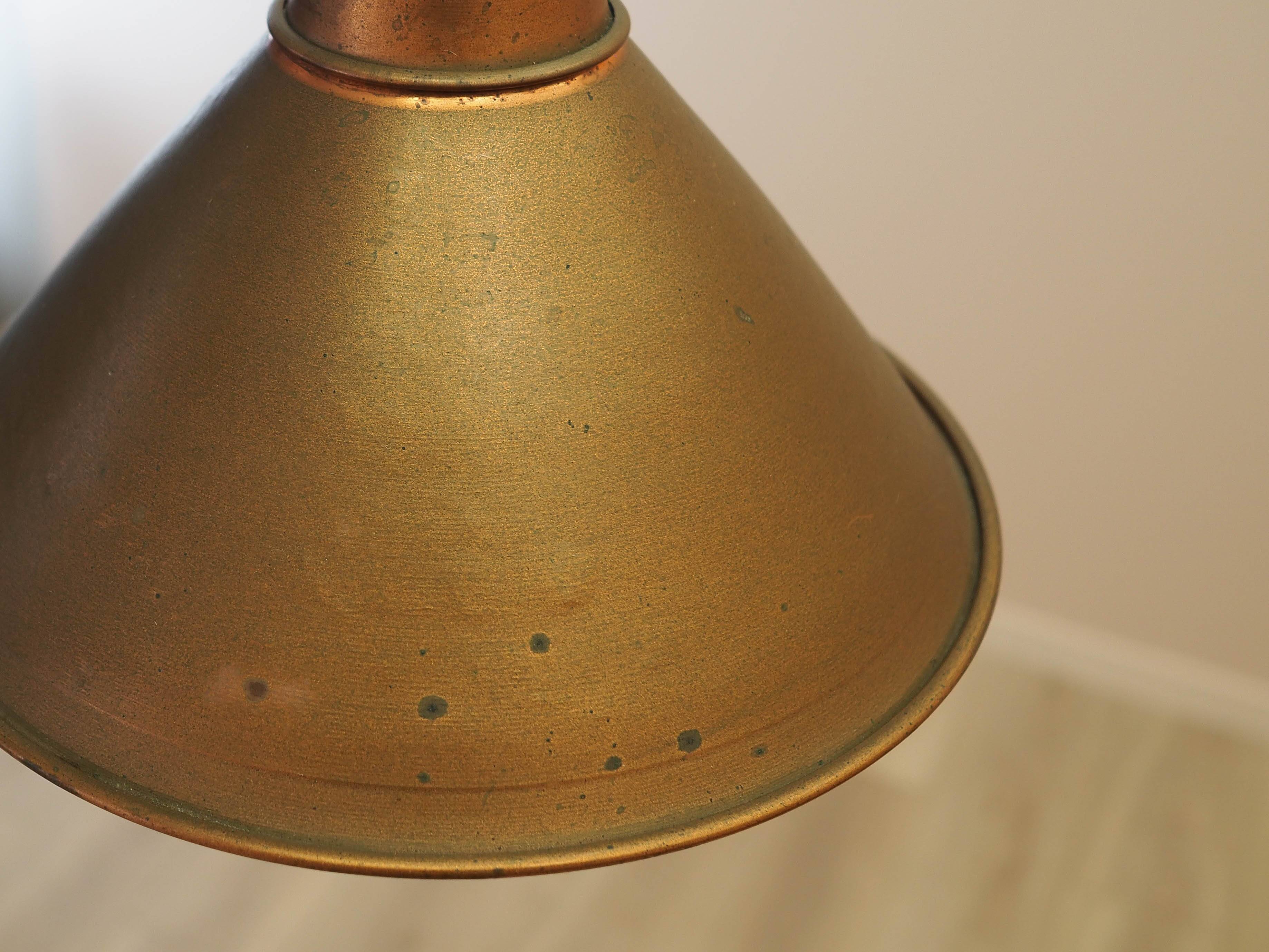 Danish Brass Pendant Lamp, Industrial Cone Shade, 1960s