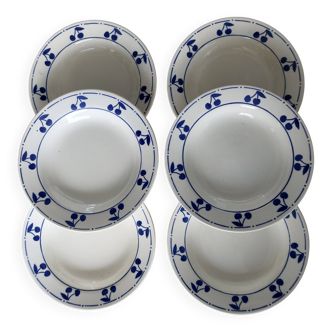 6 vintage white earthenware soup plates - Blue cherry decor