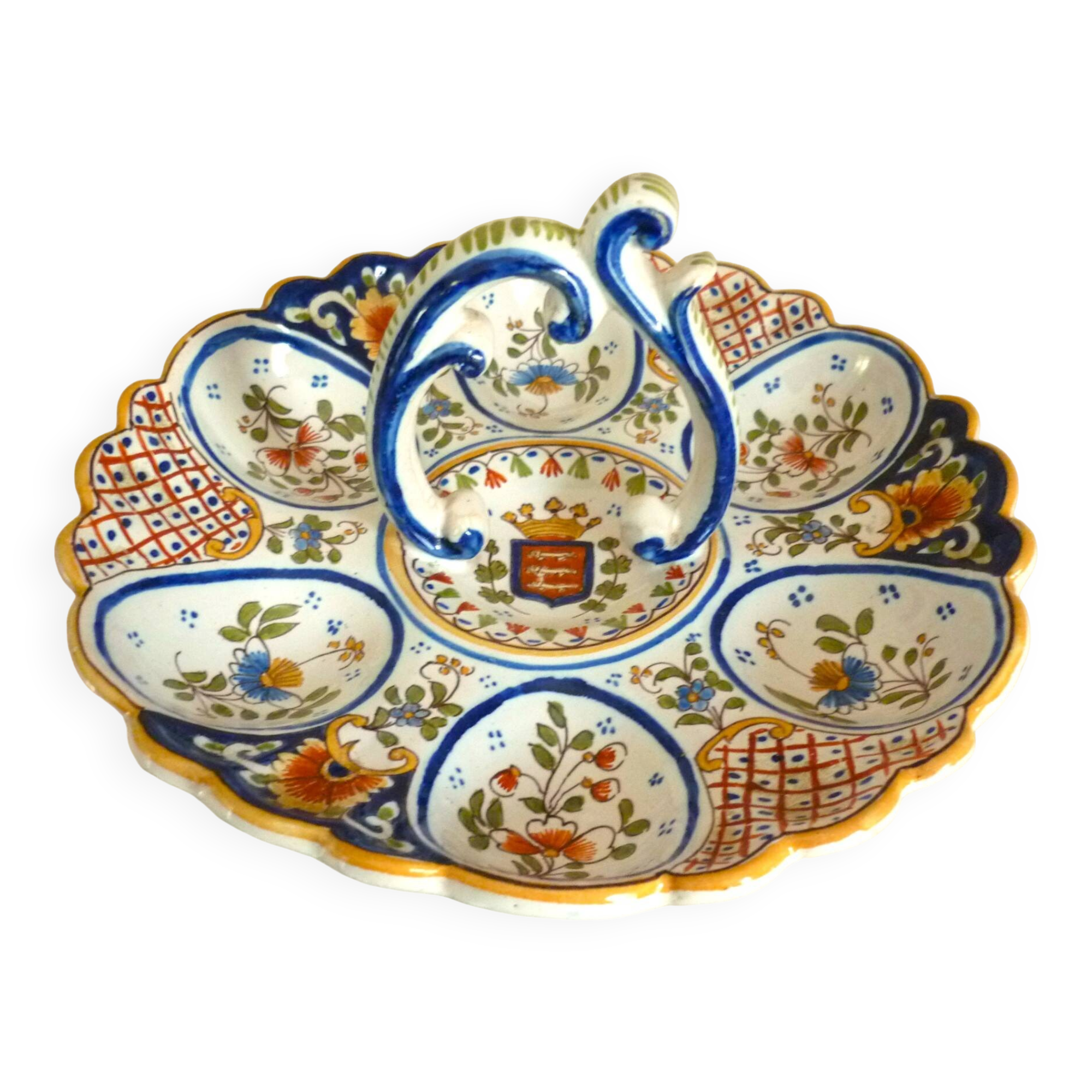 Dish, egg server in hand-painted earthenware, signed Geo Martel