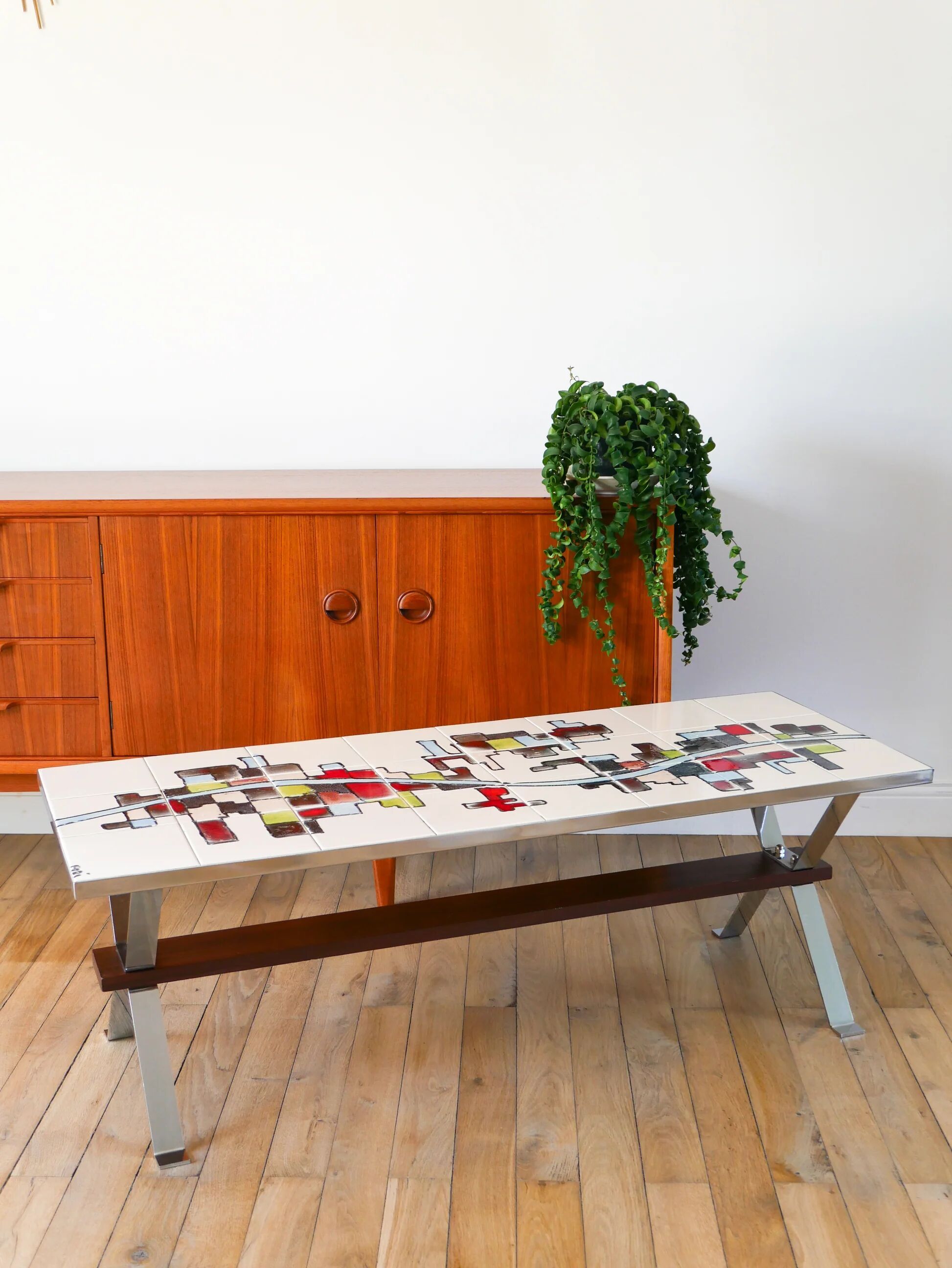 Ceramic coffee table, chrome and teak legs, Space Age, signed, 1970.