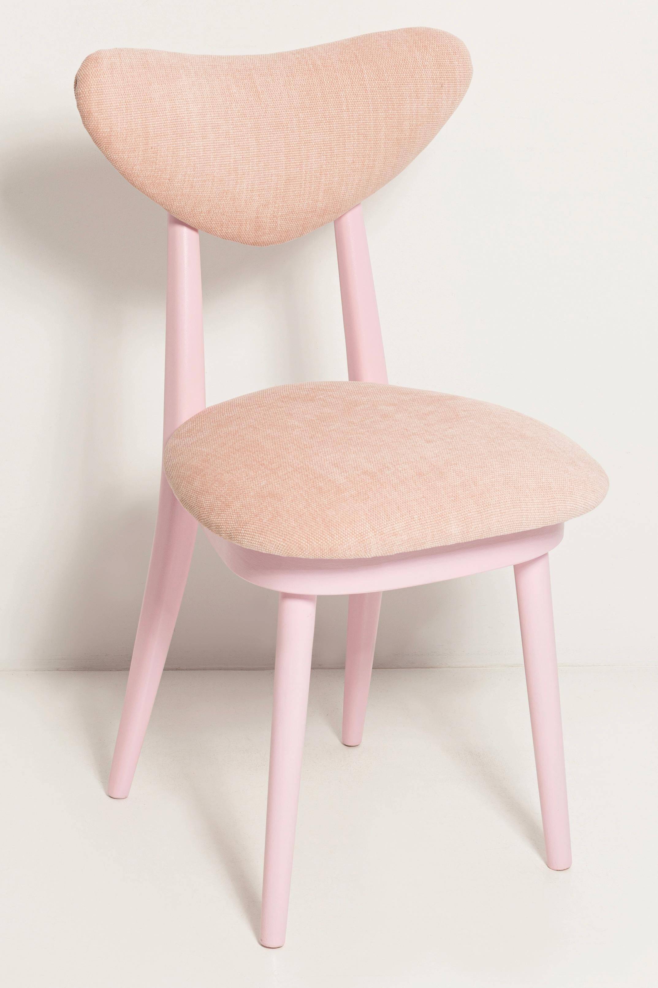 Mid-century heart-shaped chair, light pink chenille fabric, painted pink wood, Europe, 1960s.